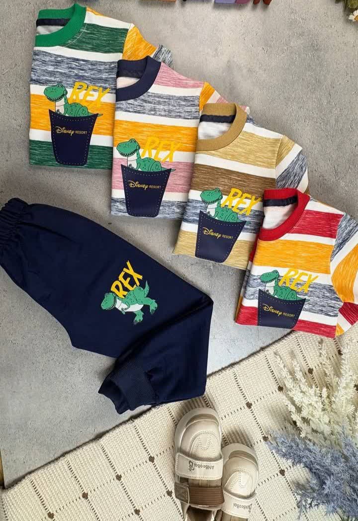 ست بلوز و شلوار راه راه طرح trex پنبه دورس سایز۵۵