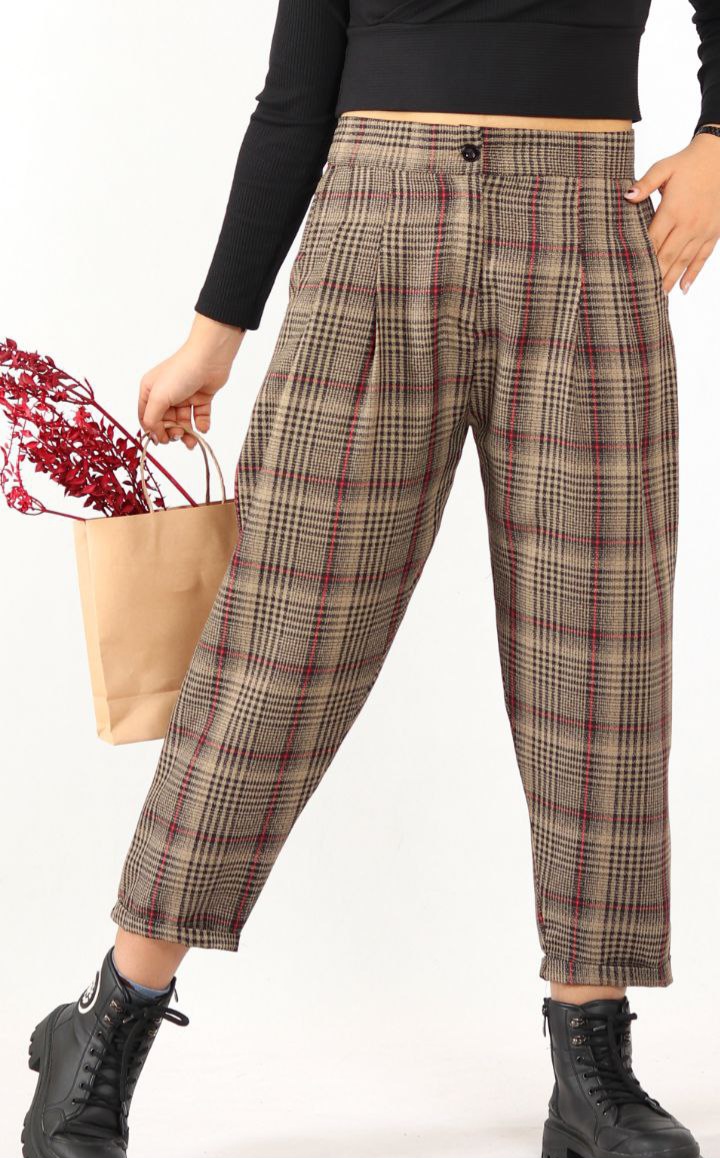 شلوار مزونی سایزxl چهارخونه مام استایل پارچه نساجی دمپا پاکتی