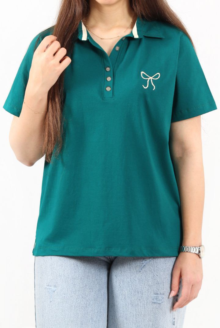 تیشرت زنانه یقه دار گلدوزی پاپیون